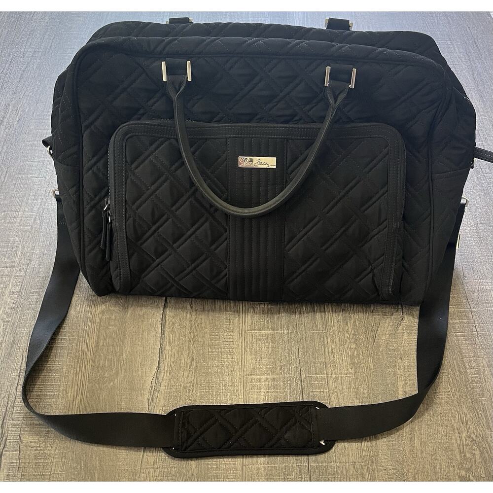 Vera Bradley Retired Black Quilted Large Weekender Classic Travel Bag With Strap